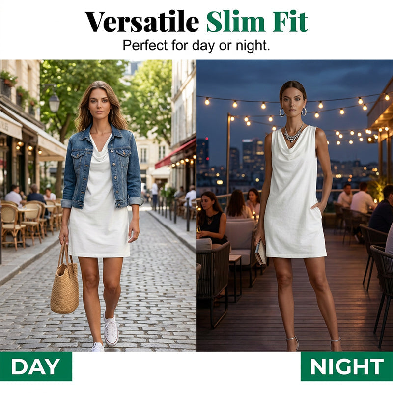 👗50% DE RÉDUCTION💥Robe slim fit col bénitier – Sans manches & poches latérales – Polyvalente, parfaite pour le bureau ou les soirées – élégante et confortable ✨🌸
