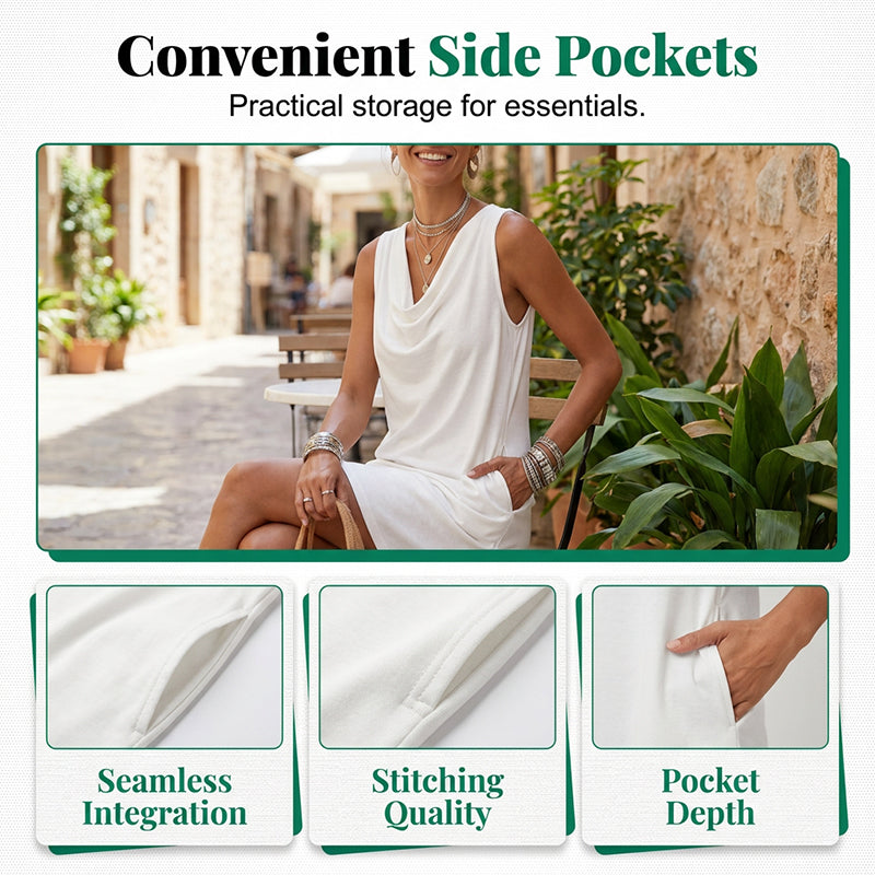 👗50% DE RÉDUCTION💥Robe slim fit col bénitier – Sans manches & poches latérales – Polyvalente, parfaite pour le bureau ou les soirées – élégante et confortable ✨🌸