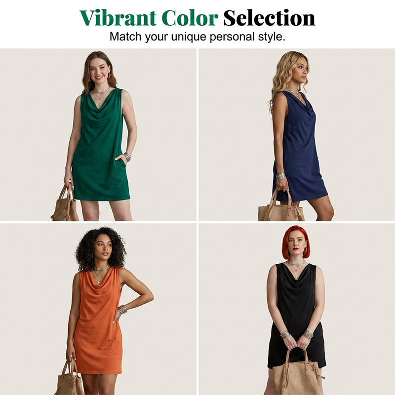 👗50% DE RÉDUCTION💥Robe slim fit col bénitier – Sans manches & poches latérales – Polyvalente, parfaite pour le bureau ou les soirées – élégante et confortable ✨🌸