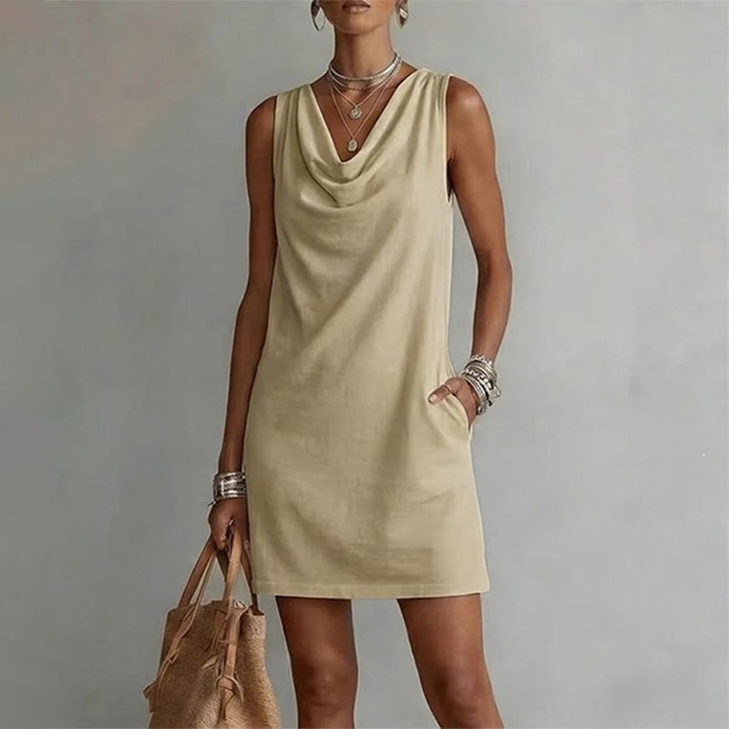 👗50% DE RÉDUCTION💥Robe slim fit col bénitier – Sans manches & poches latérales – Polyvalente, parfaite pour le bureau ou les soirées – élégante et confortable ✨🌸
