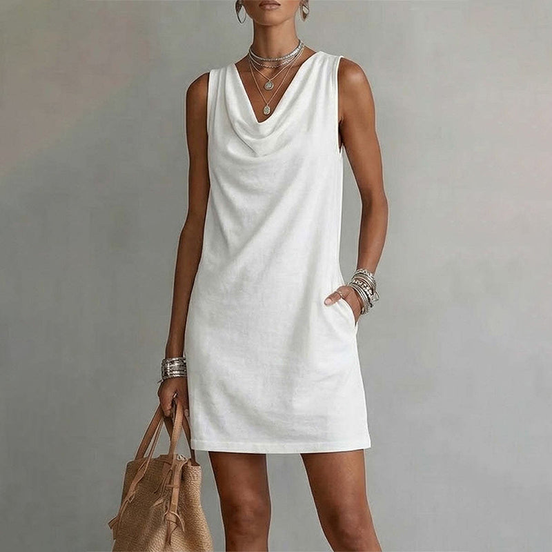 👗50% DE RÉDUCTION💥Robe slim fit col bénitier – Sans manches & poches latérales – Polyvalente, parfaite pour le bureau ou les soirées – élégante et confortable ✨🌸