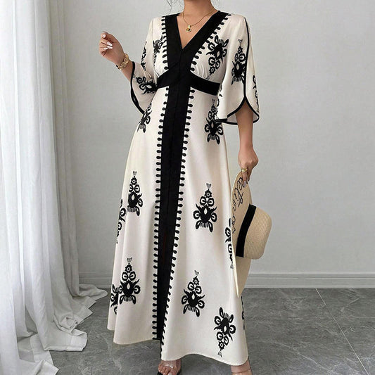 👗 PROMO LIMITÉE 50% DE RÉDUCTION ! 💥 Robe Longue Imprimée à Col en V – Manches Fluides, Taille Haute, Fentes Latérales ✨