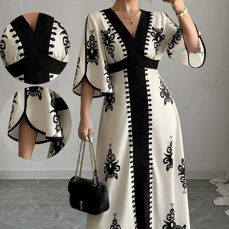 👗 PROMO LIMITÉE 50% DE RÉDUCTION ! 💥 Robe Longue Imprimée à Col en V – Manches Fluides, Taille Haute, Fentes Latérales ✨