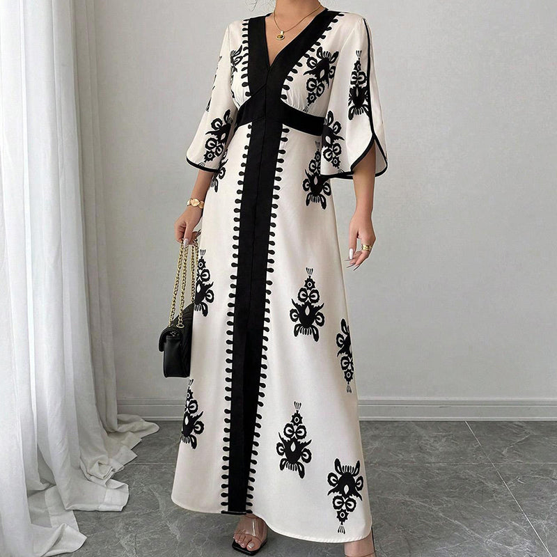 👗 PROMO LIMITÉE 50% DE RÉDUCTION ! 💥 Robe Longue Imprimée à Col en V – Manches Fluides, Taille Haute, Fentes Latérales ✨