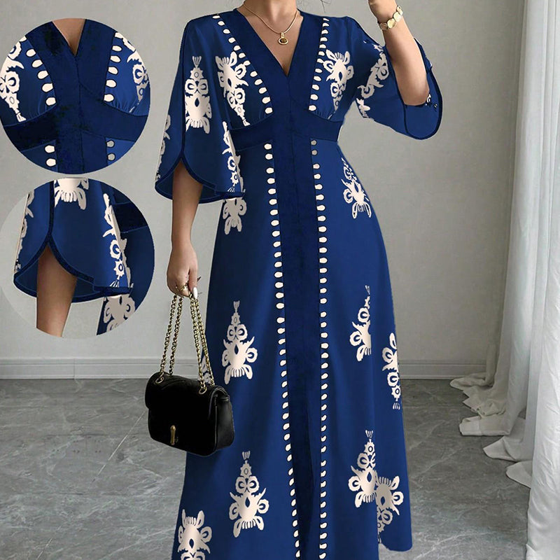 👗 PROMO LIMITÉE 50% DE RÉDUCTION ! 💥 Robe Longue Imprimée à Col en V – Manches Fluides, Taille Haute, Fentes Latérales ✨