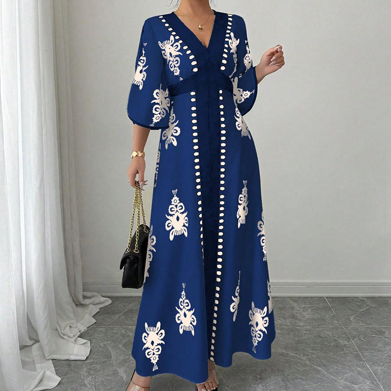 👗 PROMO LIMITÉE 50% DE RÉDUCTION ! 💥 Robe Longue Imprimée à Col en V – Manches Fluides, Taille Haute, Fentes Latérales ✨