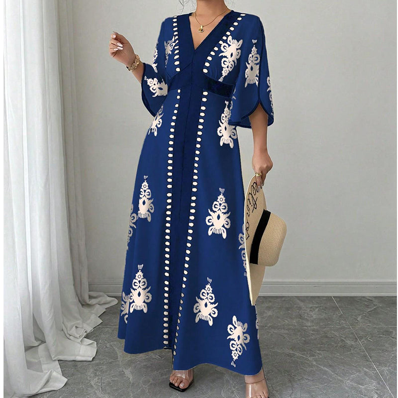 👗 PROMO LIMITÉE 50% DE RÉDUCTION ! 💥 Robe Longue Imprimée à Col en V – Manches Fluides, Taille Haute, Fentes Latérales ✨