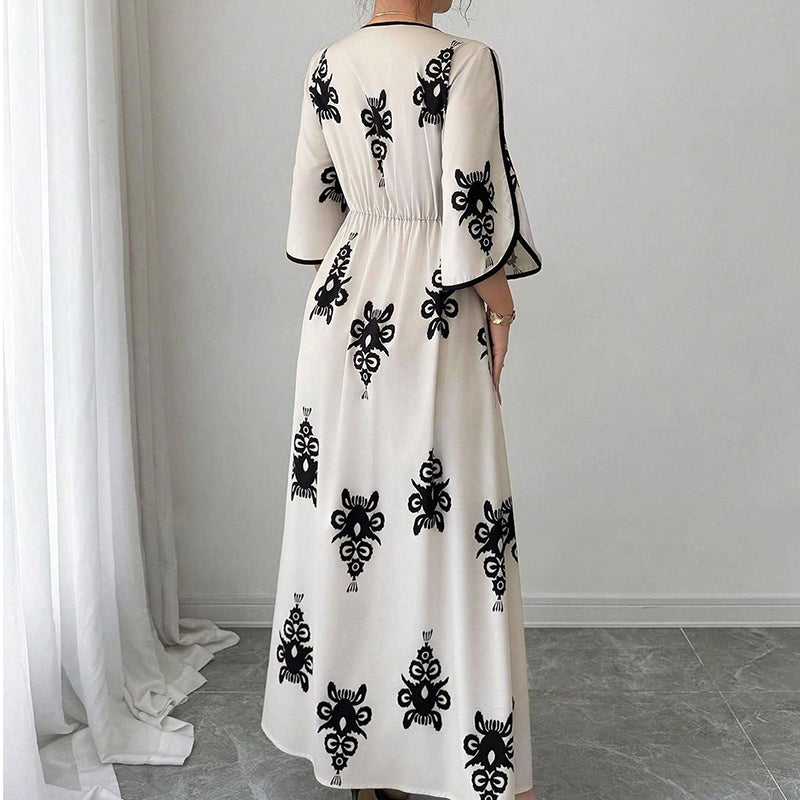👗 PROMO LIMITÉE 50% DE RÉDUCTION ! 💥 Robe Longue Imprimée à Col en V – Manches Fluides, Taille Haute, Fentes Latérales ✨