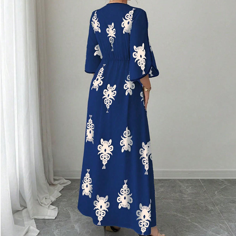 👗 PROMO LIMITÉE 50% DE RÉDUCTION ! 💥 Robe Longue Imprimée à Col en V – Manches Fluides, Taille Haute, Fentes Latérales ✨