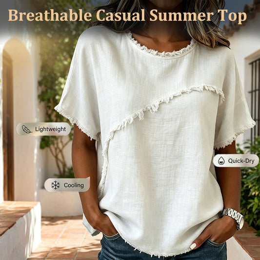 👚 PROMO -50% ! 🔥 Haut Femme Été Panneaux Bords Bruts – Col Rond Classique, Coupe Décontractée Flatteuse, Tissu Premium Doux · 5 Coloris · S–3XL · Casual & Urbain ✨🌸