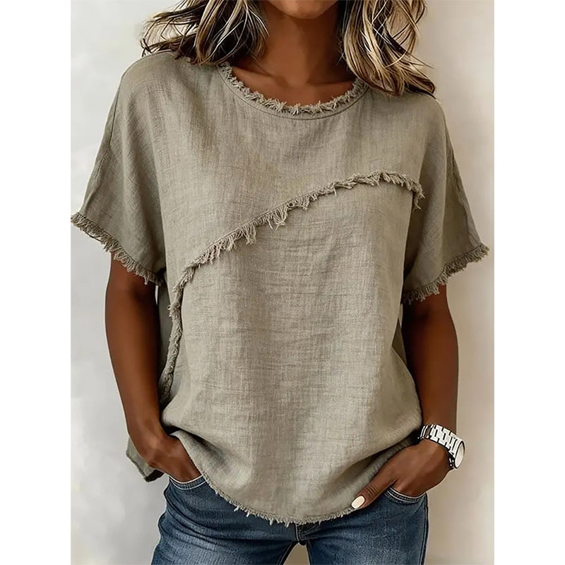 👚 PROMO -50% ! 🔥 Haut Femme Été Panneaux Bords Bruts – Col Rond Classique, Coupe Décontractée Flatteuse, Tissu Premium Doux · 5 Coloris · S–3XL · Casual & Urbain ✨🌸