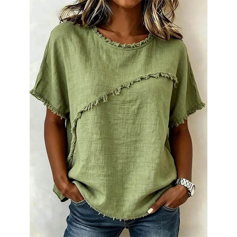 👚 PROMO -50% ! 🔥 Haut Femme Été Panneaux Bords Bruts – Col Rond Classique, Coupe Décontractée Flatteuse, Tissu Premium Doux · 5 Coloris · S–3XL · Casual & Urbain ✨🌸