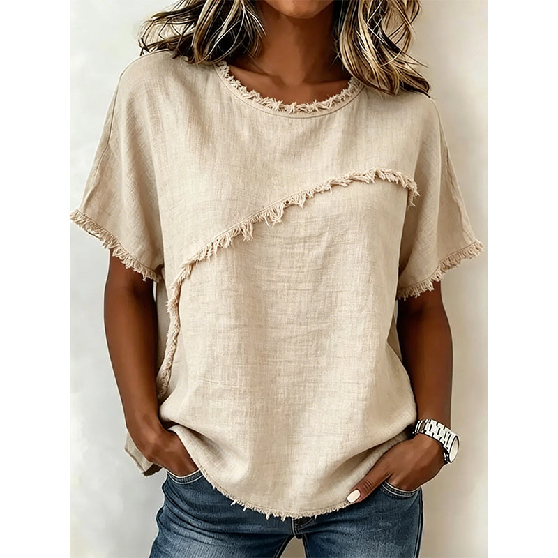 👚 PROMO -50% ! 🔥 Haut Femme Été Panneaux Bords Bruts – Col Rond Classique, Coupe Décontractée Flatteuse, Tissu Premium Doux · 5 Coloris · S–3XL · Casual & Urbain ✨🌸