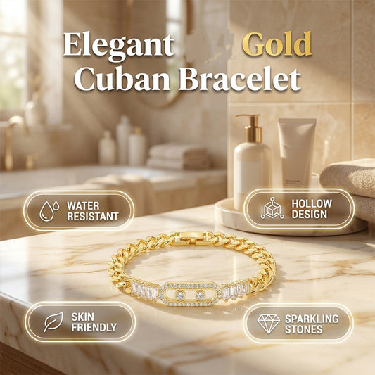 ✨🔥 PROMO -50% ! Bracelet Chaîne Cubaine Femme Plaqué Or – Zircon Cubique Brillant Assemblage Précis, Étiquette Rectangulaire Creuse Géométrique, Fermoir Rabat Sécurisé · Cadeau Luxe · 19 cm 💎