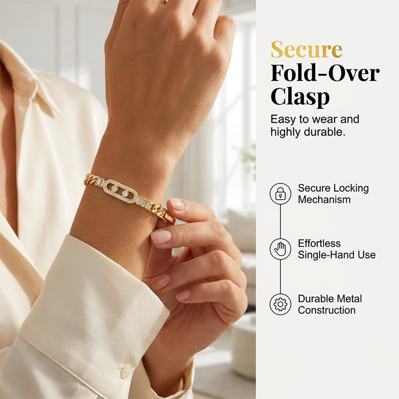 ✨🔥 PROMO -50% ! Bracelet Chaîne Cubaine Femme Plaqué Or – Zircon Cubique Brillant Assemblage Précis, Étiquette Rectangulaire Creuse Géométrique, Fermoir Rabat Sécurisé · Cadeau Luxe · 19 cm 💎