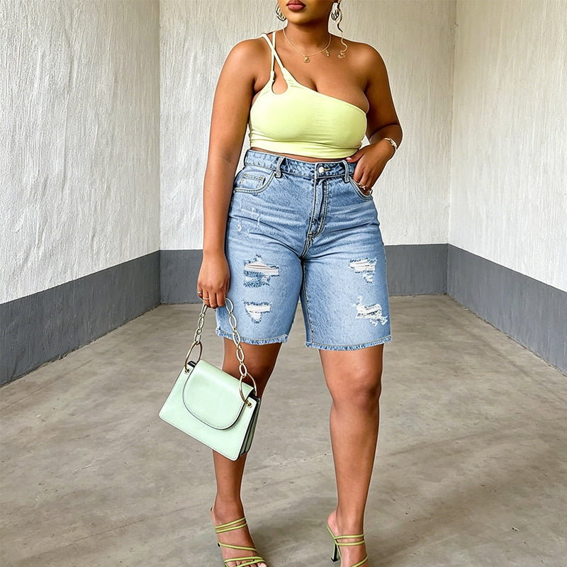 Short en jean déchiré grande taille pour femme