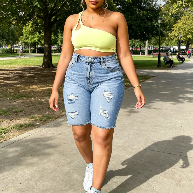 Short en jean déchiré grande taille pour femme