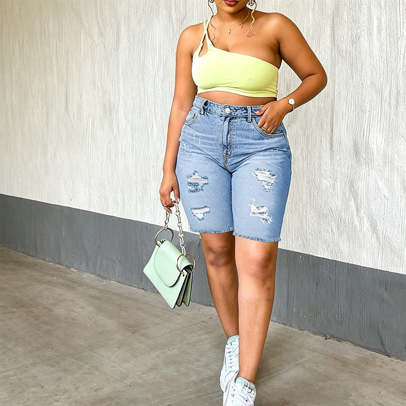 Short en jean déchiré grande taille pour femme