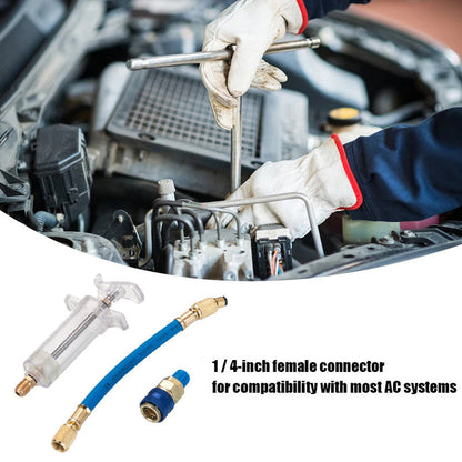 🔧 PROMO -50%❄️Injecteur Colorant & Huile Climatisation Auto – Laiton Premium Haute Résistance, Tuyau 2500 PSI, Raccord Rapide R134a, Corps Transparent Gradué · 230g ✨