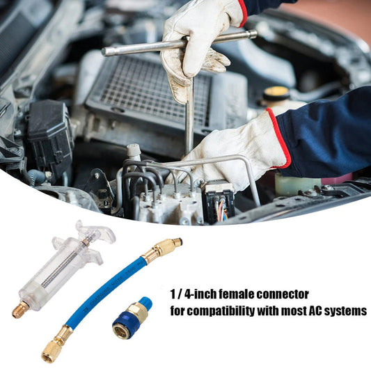 🔧 PROMO -50%❄️Injecteur Colorant & Huile Climatisation Auto – Laiton Premium Haute Résistance, Tuyau 2500 PSI, Raccord Rapide R134a, Corps Transparent Gradué · 230g ✨