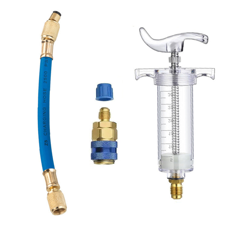 🔧 PROMO -50%❄️Injecteur Colorant & Huile Climatisation Auto – Laiton Premium Haute Résistance, Tuyau 2500 PSI, Raccord Rapide R134a, Corps Transparent Gradué · 230g ✨