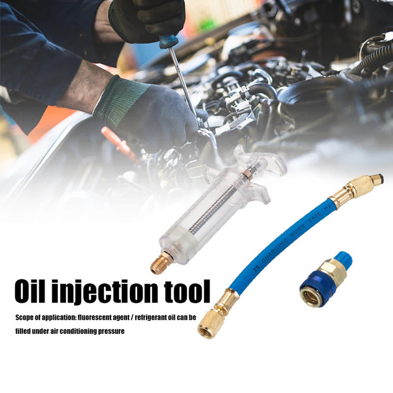 🔧 PROMO -50%❄️Injecteur Colorant & Huile Climatisation Auto – Laiton Premium Haute Résistance, Tuyau 2500 PSI, Raccord Rapide R134a, Corps Transparent Gradué · 230g ✨