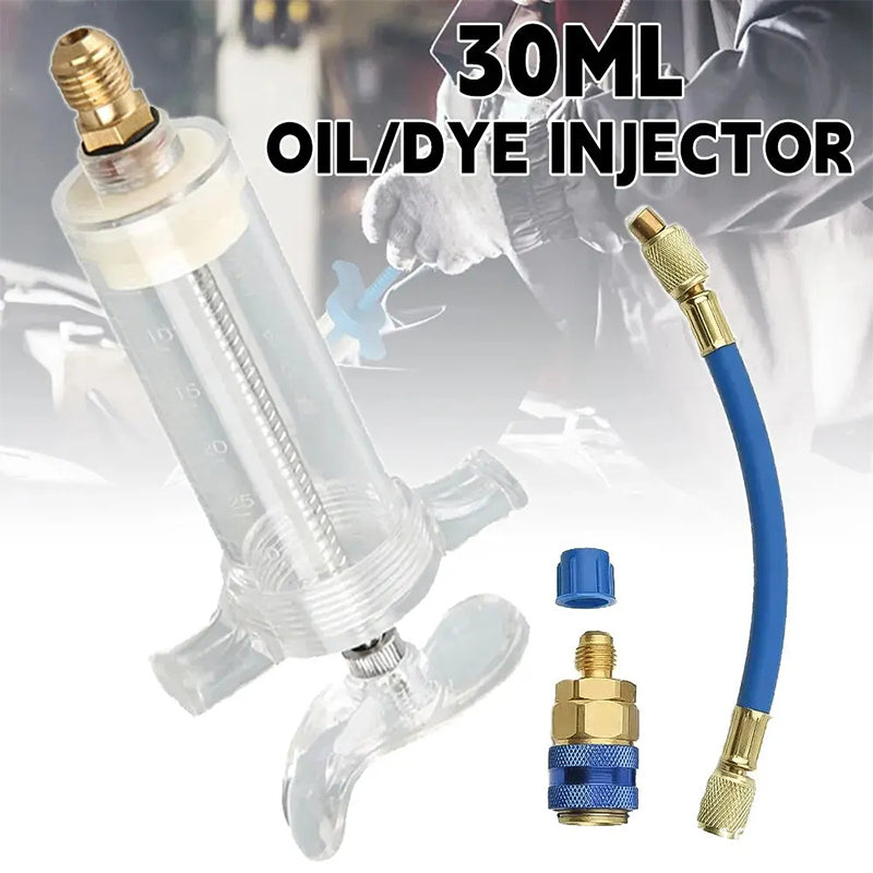 🔧 PROMO -50%❄️Injecteur Colorant & Huile Climatisation Auto – Laiton Premium Haute Résistance, Tuyau 2500 PSI, Raccord Rapide R134a, Corps Transparent Gradué · 230g ✨