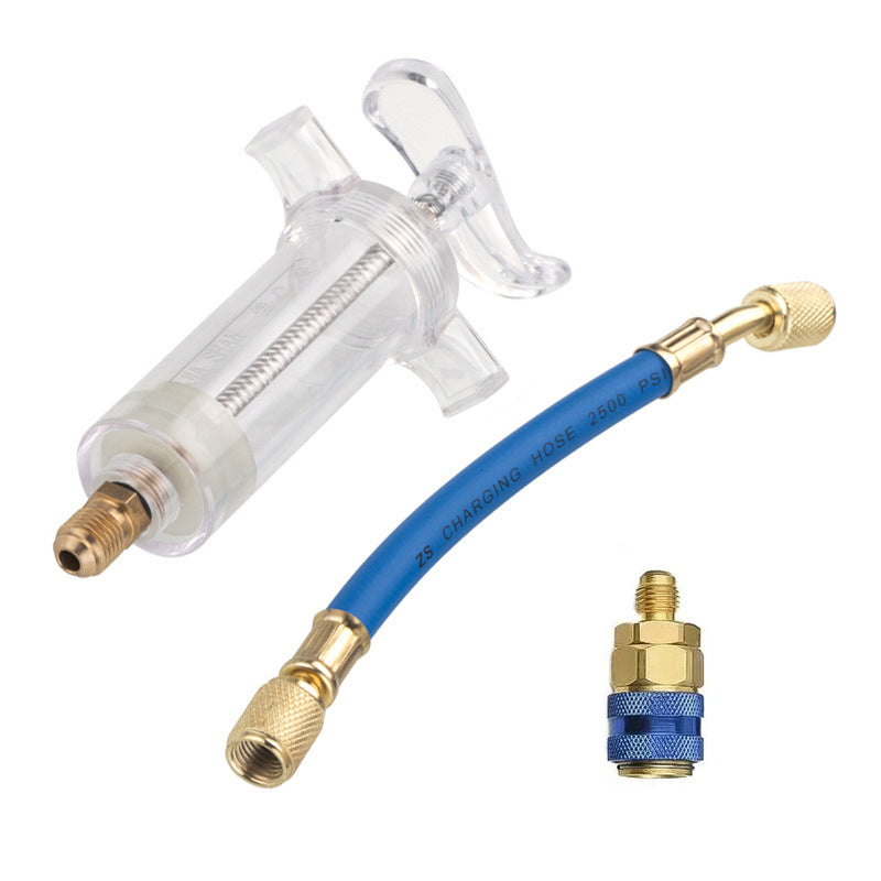 🔧 PROMO -50%❄️Injecteur Colorant & Huile Climatisation Auto – Laiton Premium Haute Résistance, Tuyau 2500 PSI, Raccord Rapide R134a, Corps Transparent Gradué · 230g ✨