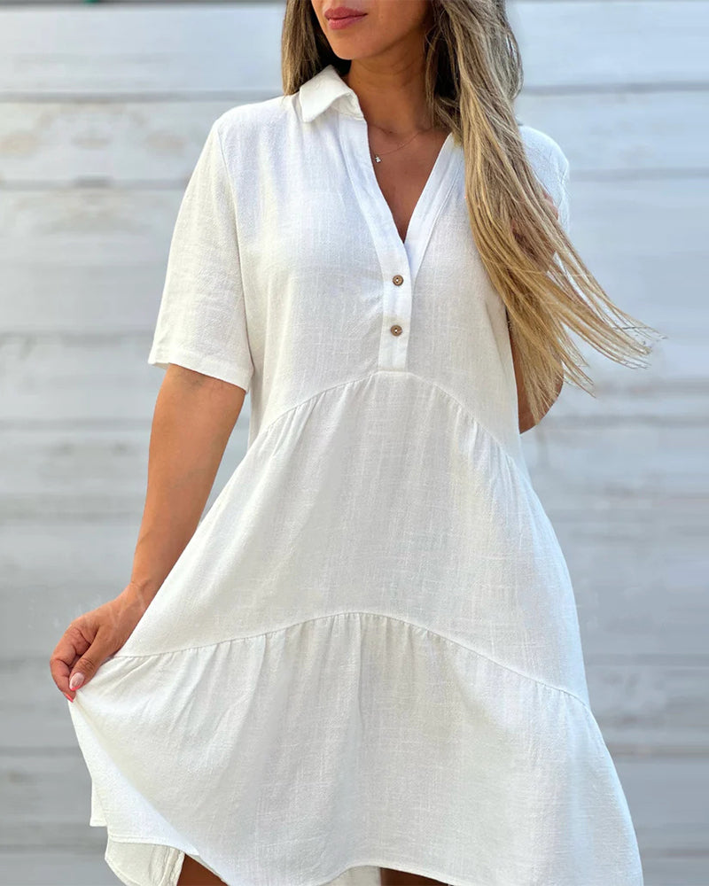 👗✨ PROMO FLASH 50% ! Robe à Boutons Couleur Unie – Col Revers, Coupe A-Ligne, Tissu Coton & Lin, Manches Courtes, Tailles S-3XL, Idéale Printemps & Été