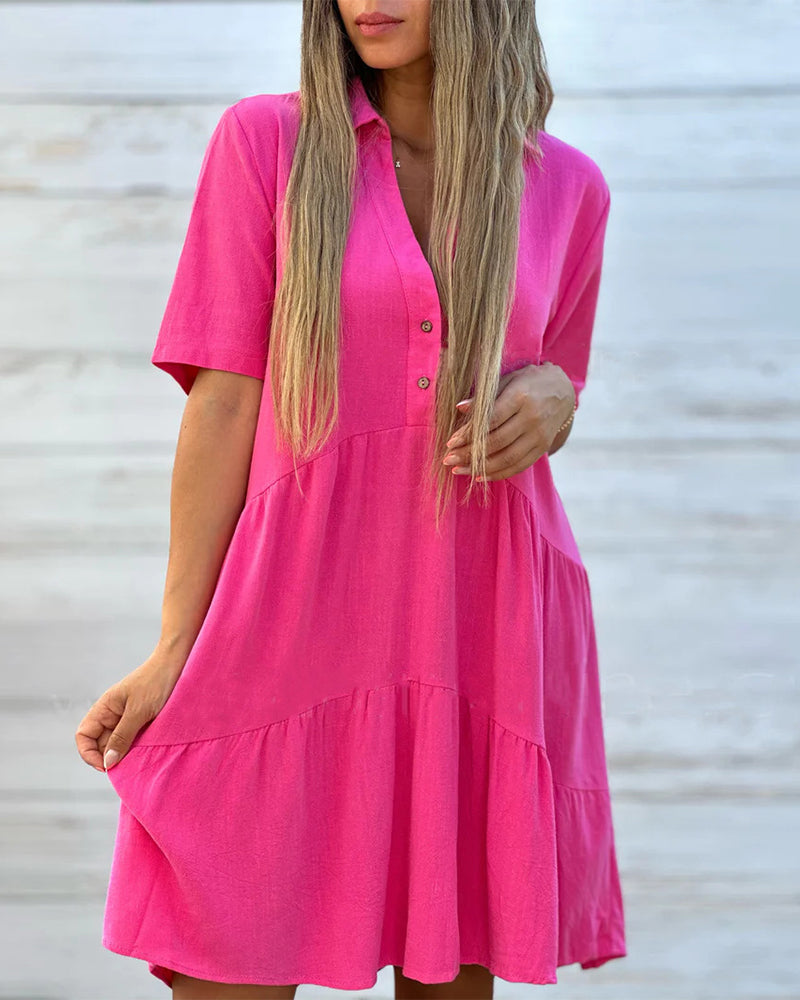 👗✨ PROMO FLASH 50% ! Robe à Boutons Couleur Unie – Col Revers, Coupe A-Ligne, Tissu Coton & Lin, Manches Courtes, Tailles S-3XL, Idéale Printemps & Été