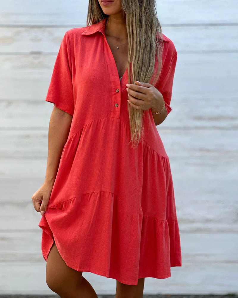 👗✨ PROMO FLASH 50% ! Robe à Boutons Couleur Unie – Col Revers, Coupe A-Ligne, Tissu Coton & Lin, Manches Courtes, Tailles S-3XL, Idéale Printemps & Été