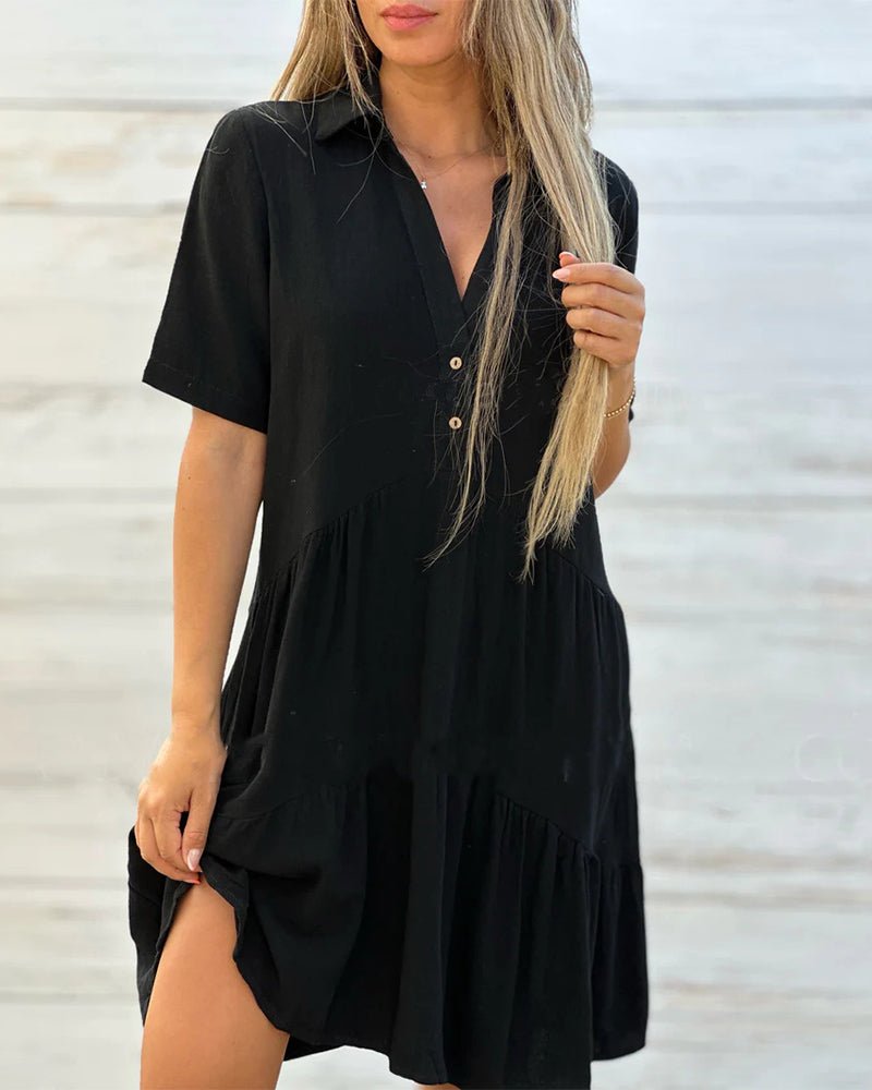 👗✨ PROMO FLASH 50% ! Robe à Boutons Couleur Unie – Col Revers, Coupe A-Ligne, Tissu Coton & Lin, Manches Courtes, Tailles S-3XL, Idéale Printemps & Été