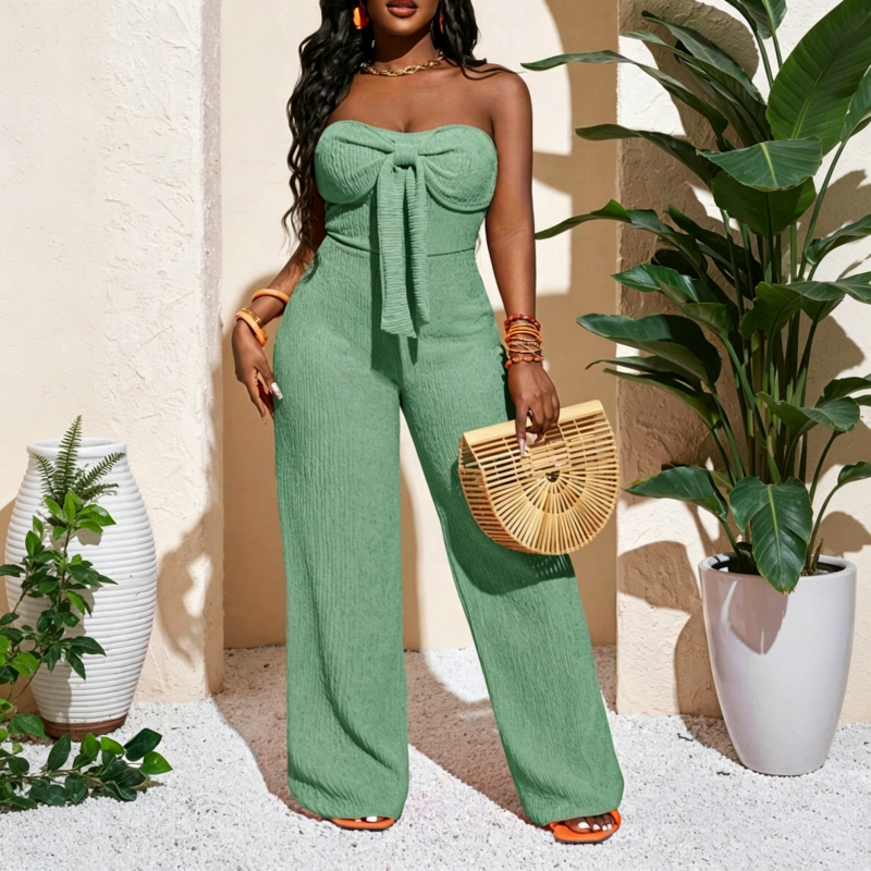 👗🔥 PROMO -50% ! Combinaison Femme Bustier Sans Bretelles Taille Haute Jambe Large – Tissu Texturé Respirant Sophistiqué, Nœud Avant Féminin Moderne, Coupe Fluide Liberté Mouvement · 4 Coloris · XS-XL ✨