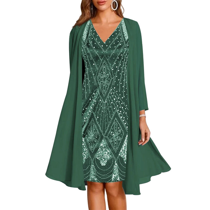 🔥Offre à durée limitée – Ensemble 2 pièces pour femme : robe imprimée à manches longues et cardigan