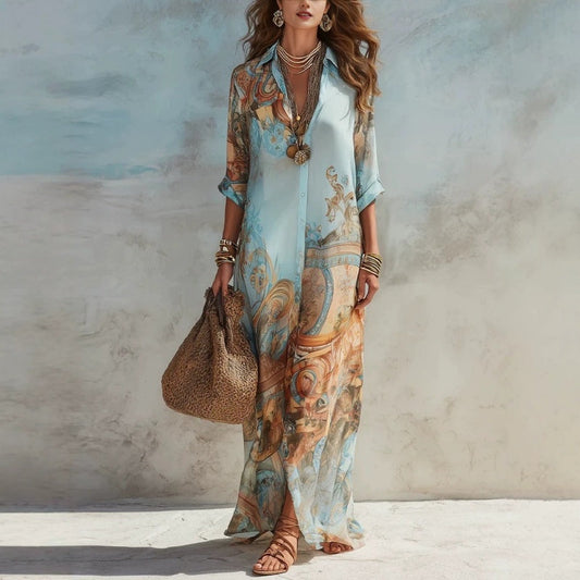 👗 50% DE RÉDUCTION 🌺 Robe longue imprimée bohème – coupe fluide, col V et boutons devant – tissu léger et respirant – idéale pour les belles journées d’été