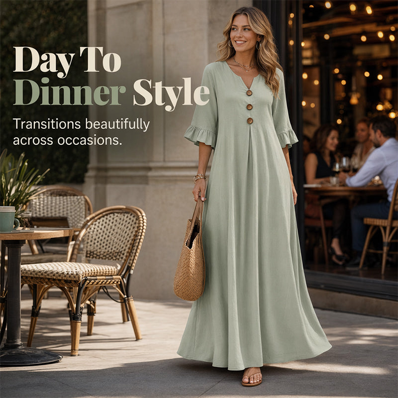 👗 PROMO LIMITÉE 50% DE RÉDUCTION ! ✨ Robe Longue Ample Femme Col V – Fluide, Drapé Doux, Du Jour au Dîner 🌙