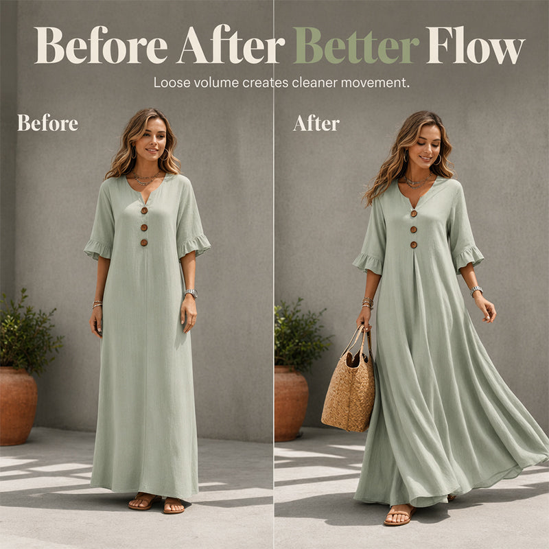 👗 PROMO LIMITÉE 50% DE RÉDUCTION ! ✨ Robe Longue Ample Femme Col V – Fluide, Drapé Doux, Du Jour au Dîner 🌙