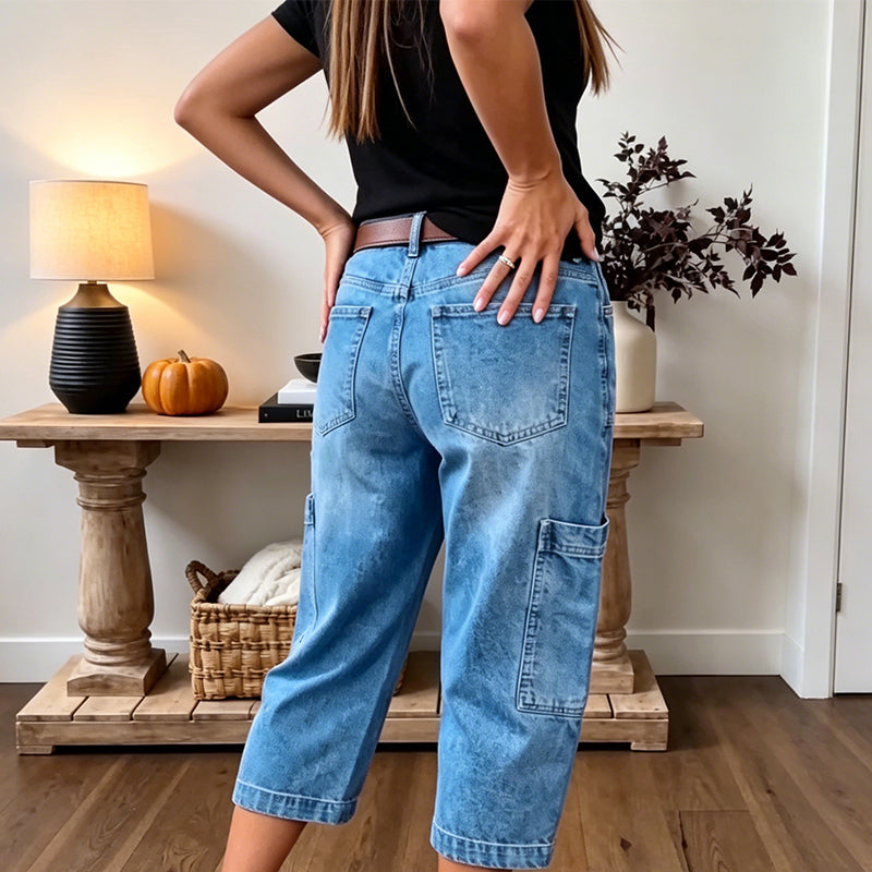 📢 PROMO FLASH 50%👖 Pantalon Jean Court Extensible Femme – Coupe Barrel Décontractée, Taille Mi-Haute, Poches Multiples, 2 Coloris, Tailles S-3XL, Idéal Quotidien ✨