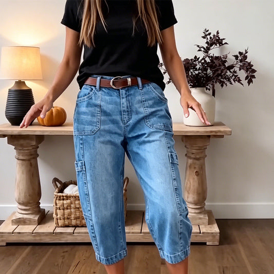 📢 PROMO FLASH 50%👖 Pantalon Jean Court Extensible Femme – Coupe Barrel Décontractée, Taille Mi-Haute, Poches Multiples, 2 Coloris, Tailles S-3XL, Idéal Quotidien ✨