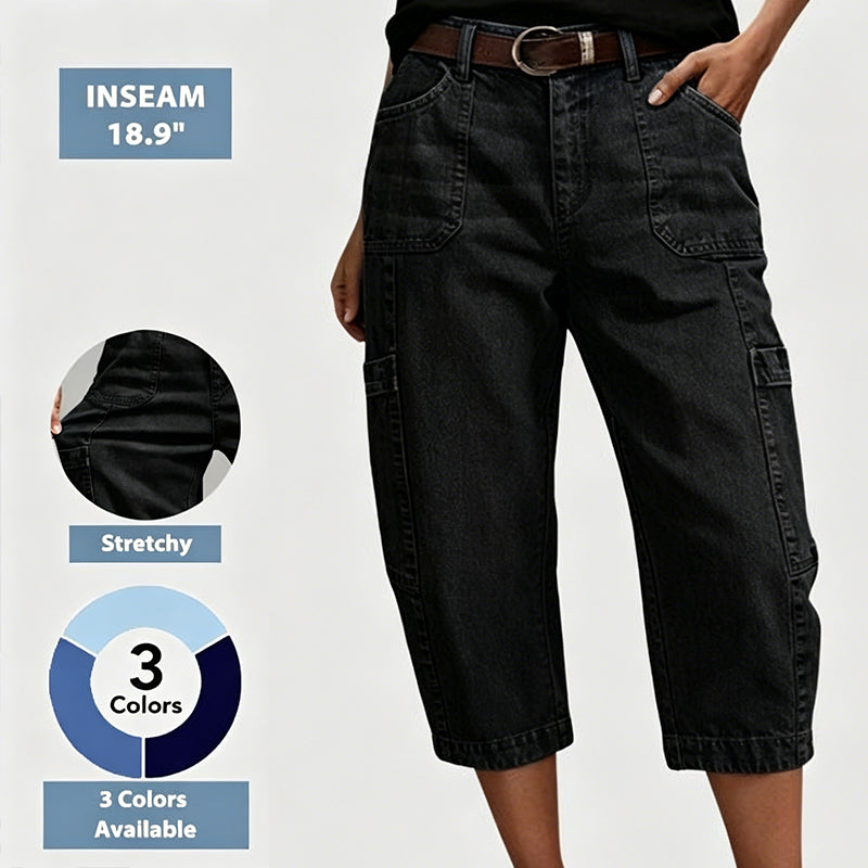 📢 PROMO FLASH 50%👖 Pantalon Jean Court Extensible Femme – Coupe Barrel Décontractée, Taille Mi-Haute, Poches Multiples, 2 Coloris, Tailles S-3XL, Idéal Quotidien ✨