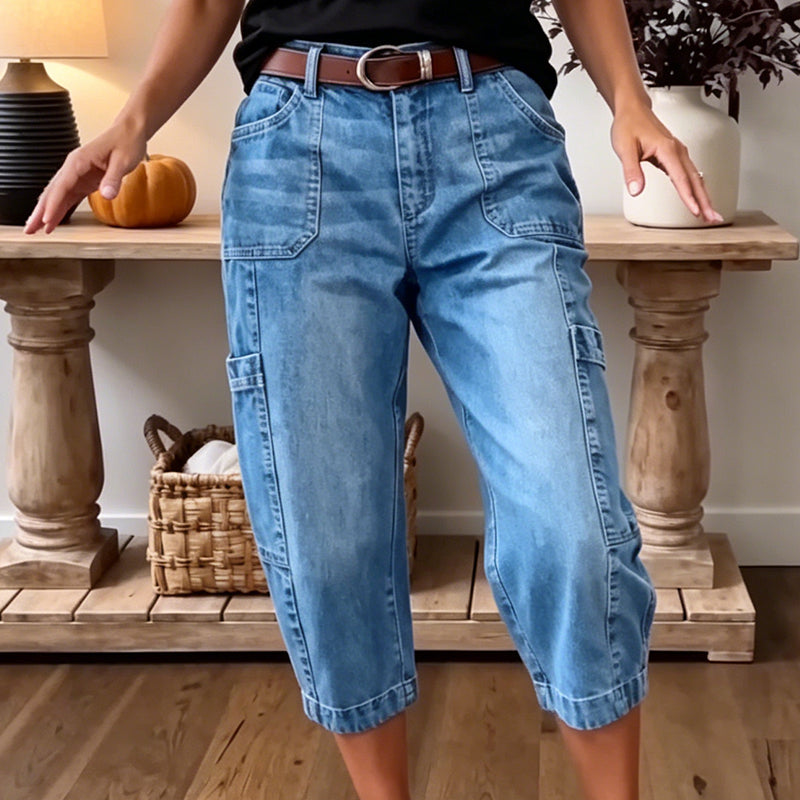 📢 PROMO FLASH 50%👖 Pantalon Jean Court Extensible Femme – Coupe Barrel Décontractée, Taille Mi-Haute, Poches Multiples, 2 Coloris, Tailles S-3XL, Idéal Quotidien ✨