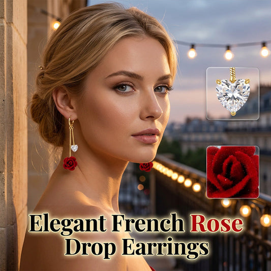 Boucles d'oreilles pendantes vintage françaises à la rose rouge