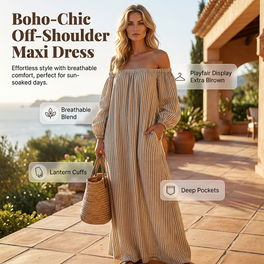 👗 -50% MAINTENANT ! 🌸 Robe Maxi Épaules Dénudées Femme – Manches lanternes & coupe fluide – Parfaite pour les soirées d'été ou les soirées romantiques – élégante et légère ✨🌿