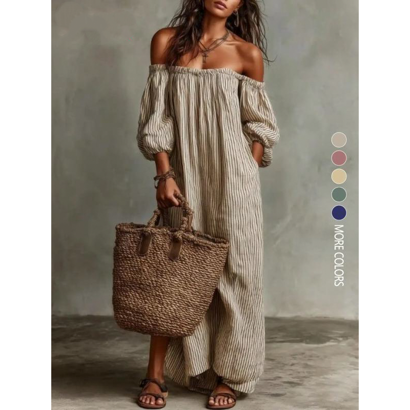 👗 -50% MAINTENANT ! 🌸 Robe Maxi Épaules Dénudées Femme – Manches lanternes & coupe fluide – Parfaite pour les soirées d'été ou les soirées romantiques – élégante et légère ✨🌿