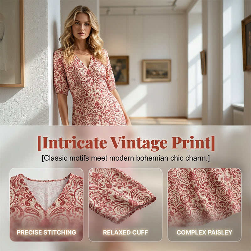 Women's V-Neck Printed Half-Sleeve Maxi Dress