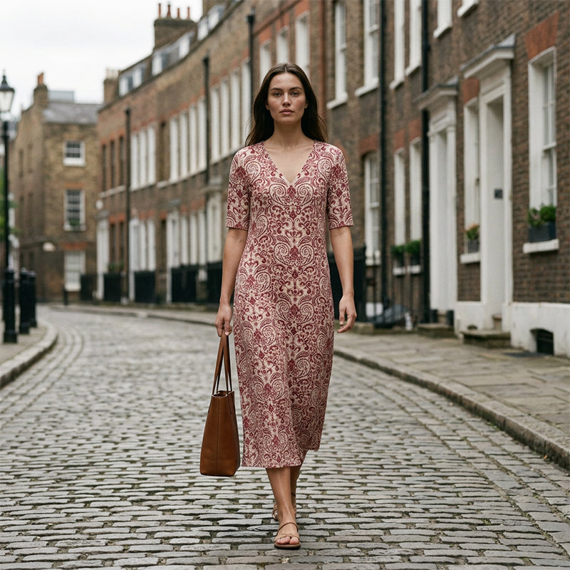 Women's V-Neck Printed Half-Sleeve Maxi Dress