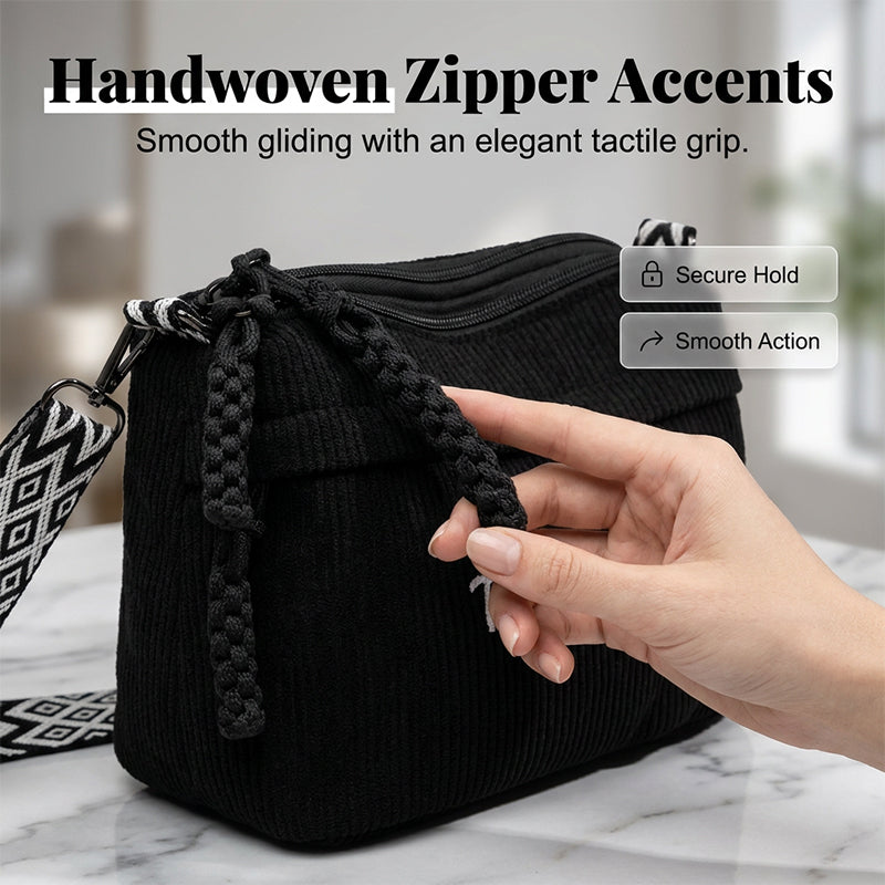 🎁2026 New Arrivals 60% OFF💥Women's Vintage Large-Capacity Crossbody Bag – Ribbed Fabric, Multi-Zip, Geometric Strap 🌿