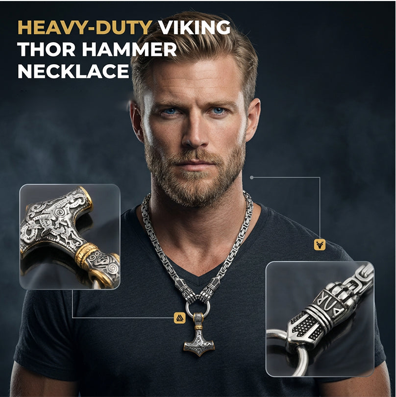 ⚡🔥 PROMO FLASH 50% ! Collier Marteau Thor Viking – Chaîne Byzantine Acier Inoxydable, Pendentif Mjolnir Bicolore, Runes Gravées, 60-70cm, Argent ou Or, Idéal Look Nordique & Mystique 💪✨