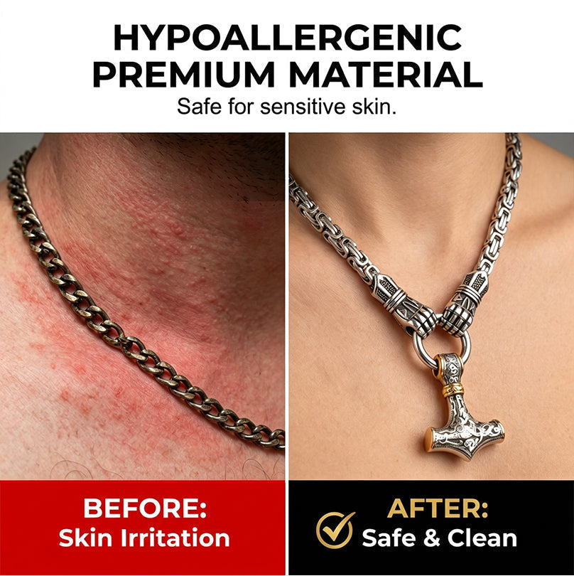 ⚡🔥 PROMO FLASH 50% ! Collier Marteau Thor Viking – Chaîne Byzantine Acier Inoxydable, Pendentif Mjolnir Bicolore, Runes Gravées, 60-70cm, Argent ou Or, Idéal Look Nordique & Mystique 💪✨