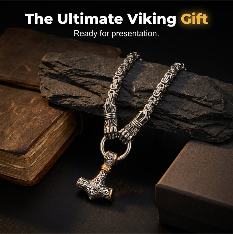⚡🔥 PROMO FLASH 50% ! Collier Marteau Thor Viking – Chaîne Byzantine Acier Inoxydable, Pendentif Mjolnir Bicolore, Runes Gravées, 60-70cm, Argent ou Or, Idéal Look Nordique & Mystique 💪✨